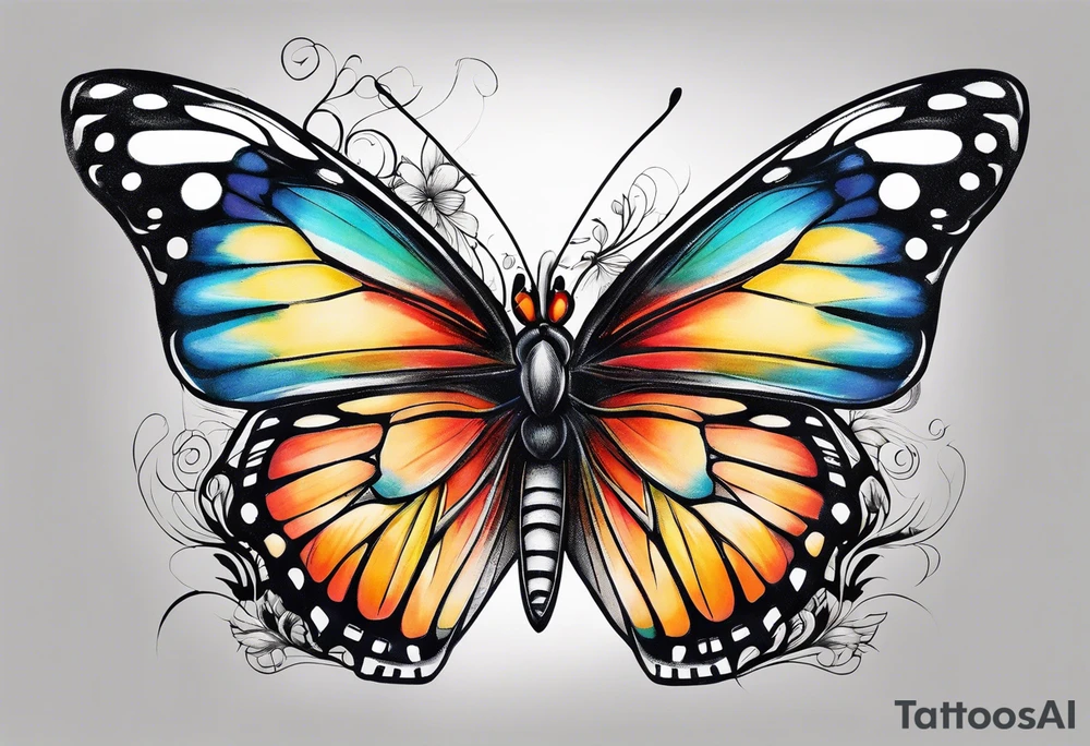 A vibrant butterfly with colorful wings, resting on a flower, showcasing transformation and beauty.” tattoo idea