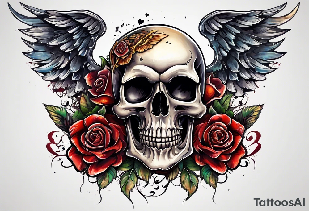 skull with a gun a  rose and dominated by a  heart with wings and  flames coming out of the top of it tattoo idea