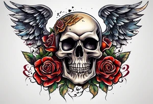 skull with a gun a  rose and dominated by a  heart with wings and  flames coming out of the top of it tattoo idea