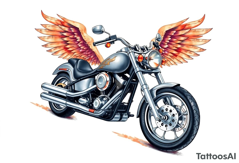 Low rider grey motorcycle, big muffler pipes with flames, angel wings, driving away, no person tattoo idea