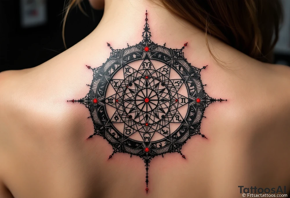 A charcoal black alchemical circle containing zodiac signs and red dots of energy at each point. tattoo idea