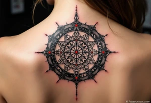 A charcoal black alchemical circle containing zodiac signs and red dots of energy at each point. tattoo idea