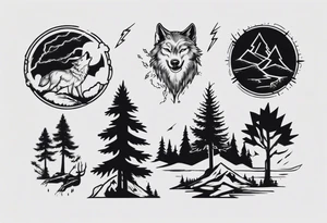 lightning over forest with wolf howling on drum tattoo idea