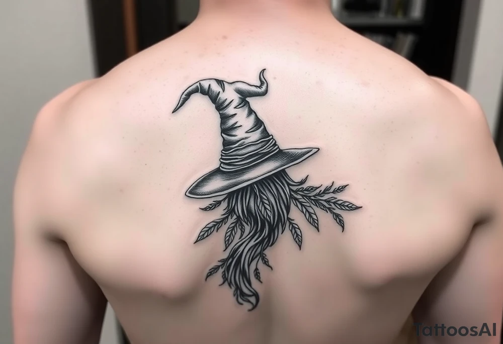 Which is broom with a witches hat with vines and feathers on your leg 
Smaller broom with hat placed on top or in the middle tattoo idea