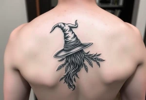 Which is broom with a witches hat with vines and feathers on your leg 
Smaller broom with hat placed on top or in the middle tattoo idea