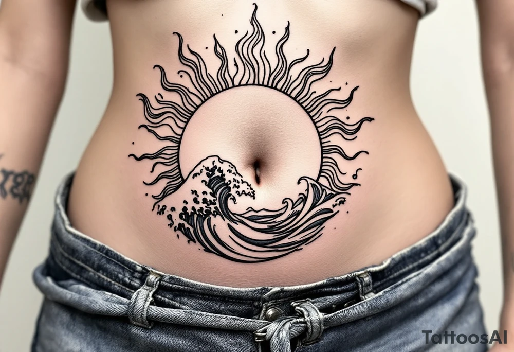 Bellybutton tattoo: a flaming sun with waves in the background tattoo idea