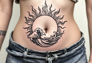 Bellybutton tattoo: a flaming sun with waves in the background tattoo idea