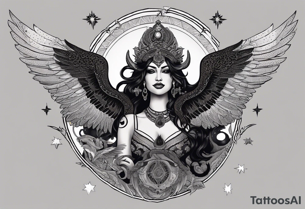 black kali, goddess pirate, alien, angel, pachamama, valkrye, warrior, flying, skull, lotus azul, wing, eagle, zenza resonance, stars, 5D, anahata chakra, death, durga, riding on a tiger, flying lady, kundalini, chest tatoo, samuri, rebel,serpent tattoo idea