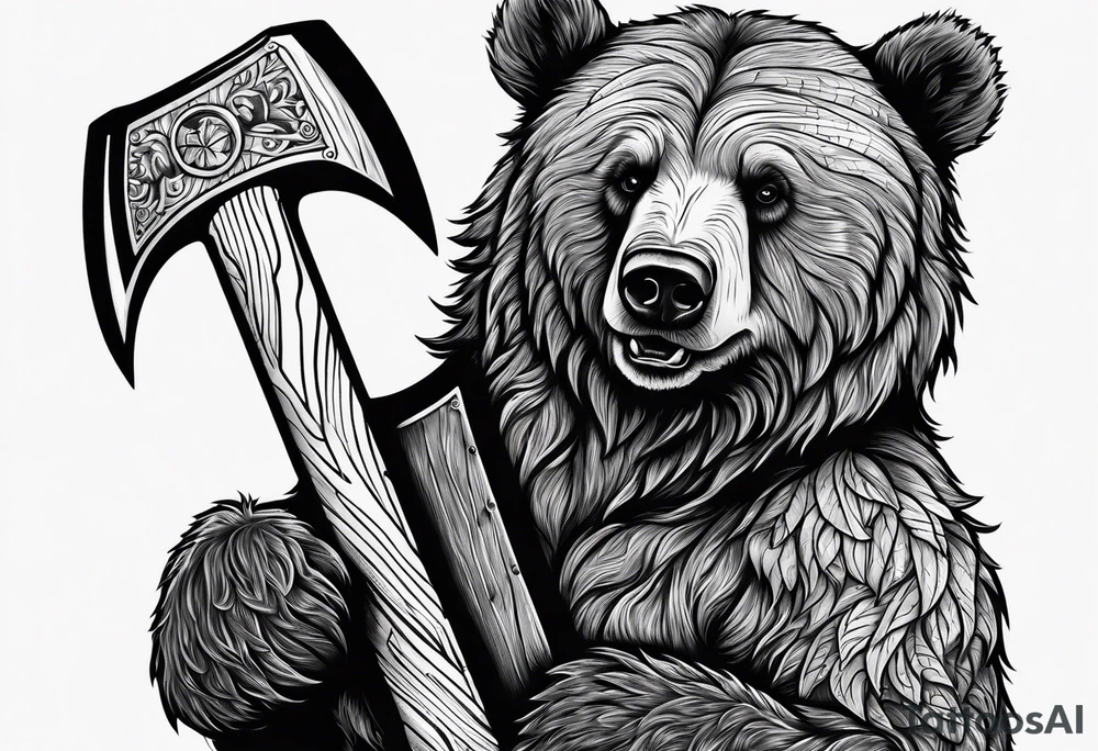 Vertically split half teddy bear and half grizzly bear holding a wooden axe tattoo idea