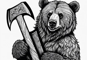Vertically split half teddy bear and half grizzly bear holding a wooden axe tattoo idea