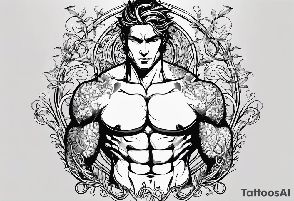 front view blank character model with chest vines coming out of skin veins. for chest and stomach  and abs only. no leaves just vines tattoo idea