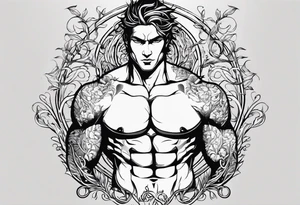 front view blank character model with chest vines coming out of skin veins. for chest and stomach  and abs only. no leaves just vines tattoo idea