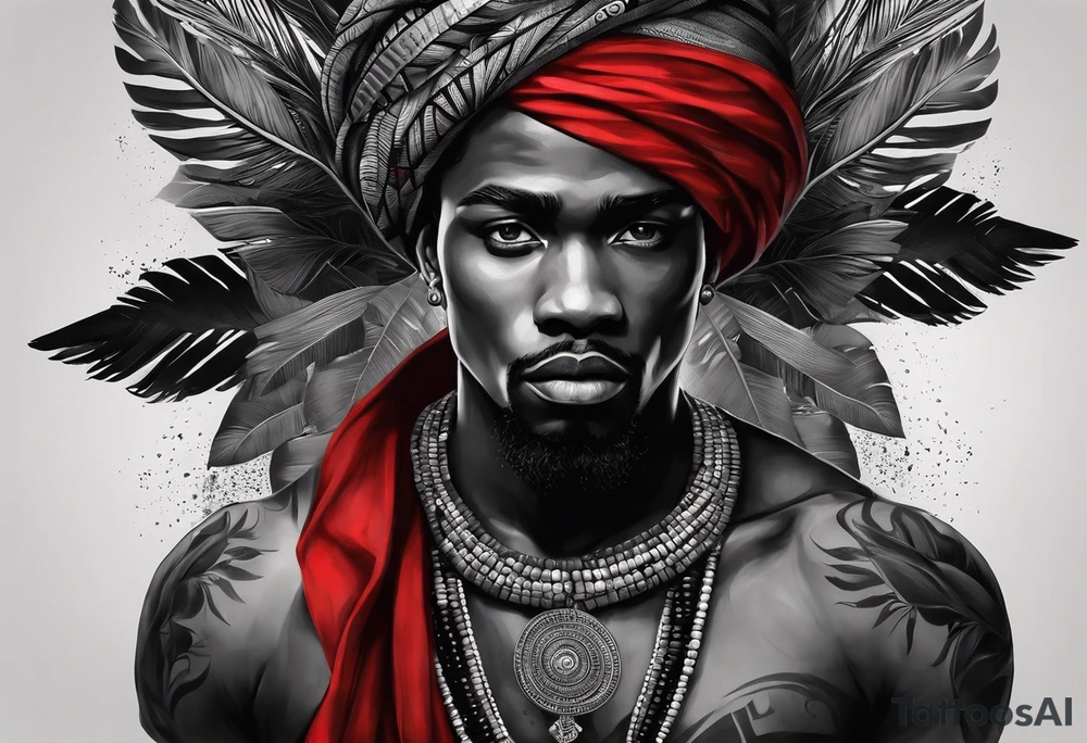 homem divindade africano realista em preto e cinza com os olhos vermelhos. Fundo da imagem com tons vermelhos.Segurando na mão um falo de madeira com cabaças penduradas. tattoo idea