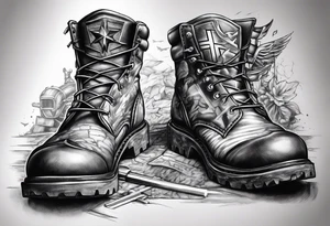 battlefield cross with helmet, m-16 and boots tattoo idea