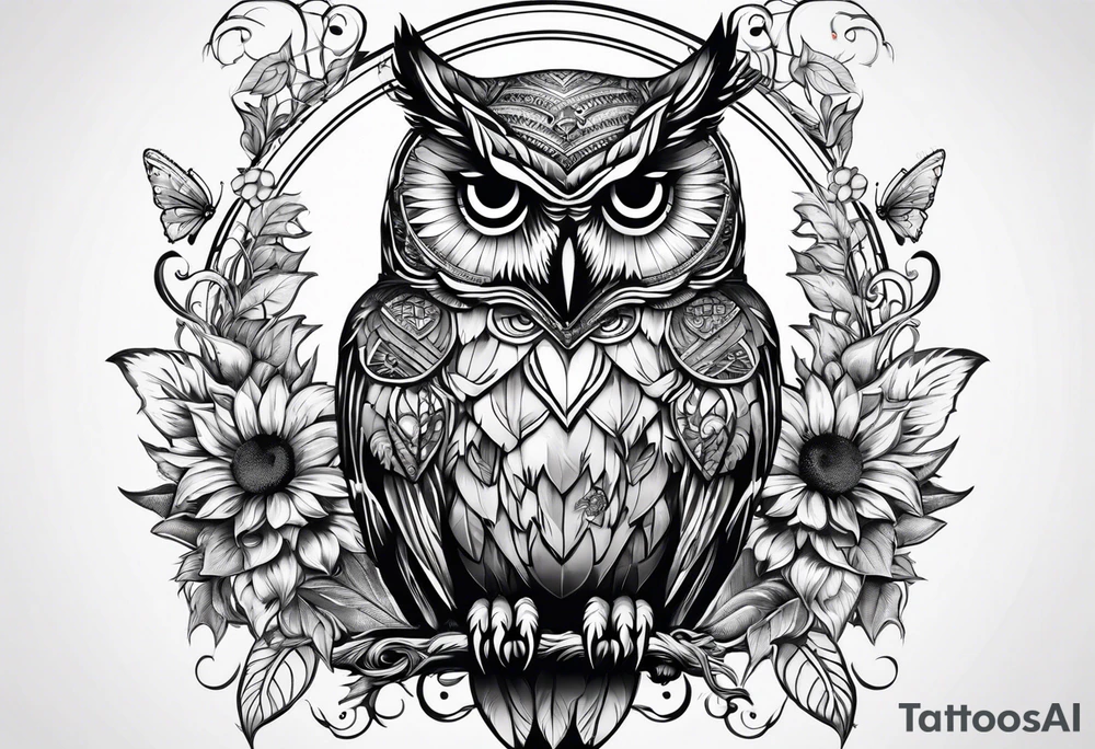 Owl, sunflower with a butterfly tattoo idea