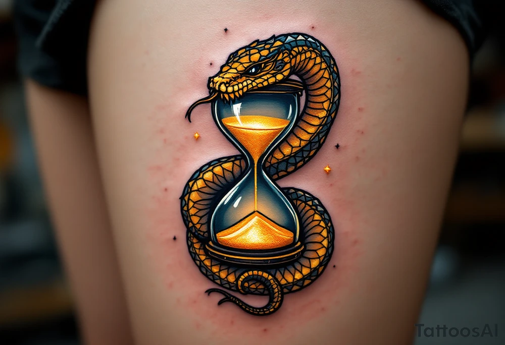 An ouroboros (snake eating its tail) wrapped around a glowing hourglass, with golden sand shifting, representing time’s role in karmic balance. tattoo idea