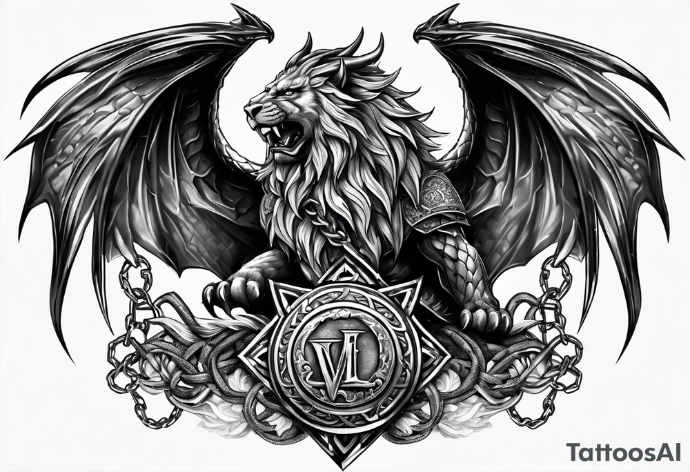 Valhalla sword shield dragon axe Valknut barbed wire chains lion tattoo idea