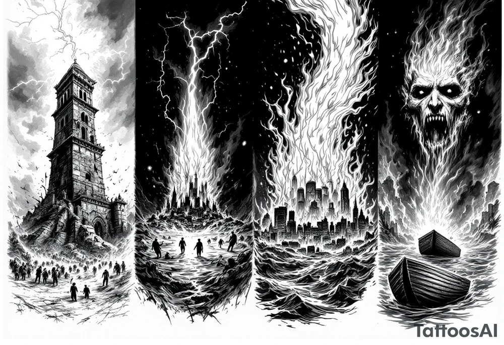 in order.
1. A crumbling tower struck by lightning, with people scattering in chaos.
2. Fire raining down from heaven on a burning city, with smoke rising.
3. A blazing altar with fire falling from heaven
 4. Floodwaters overtaking the earth, with an ark in the distance. tattoo idea