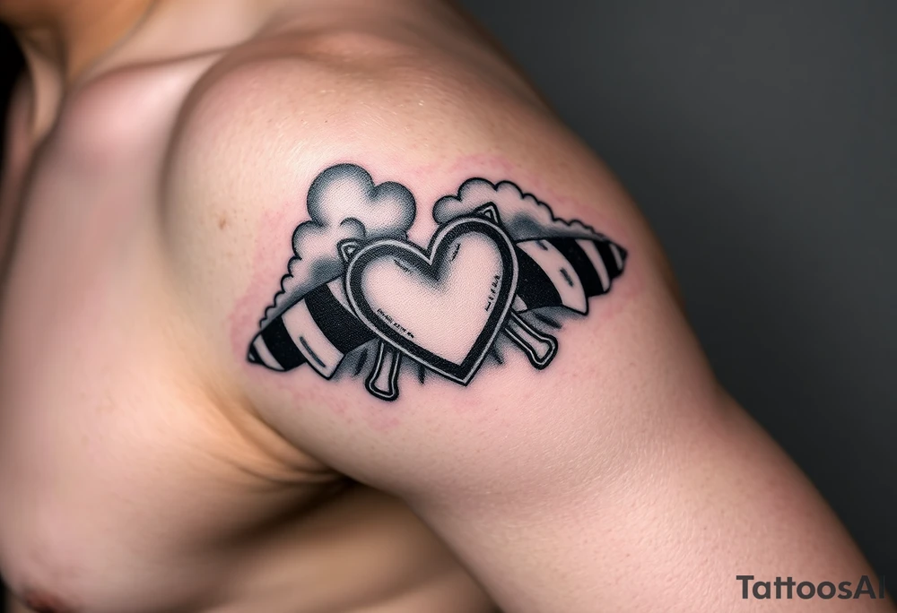 Caution tape with clouds around it, with chrome heart crosses logo tattoo idea