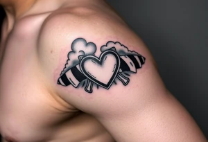 Caution tape with clouds around it, with chrome heart crosses logo tattoo idea