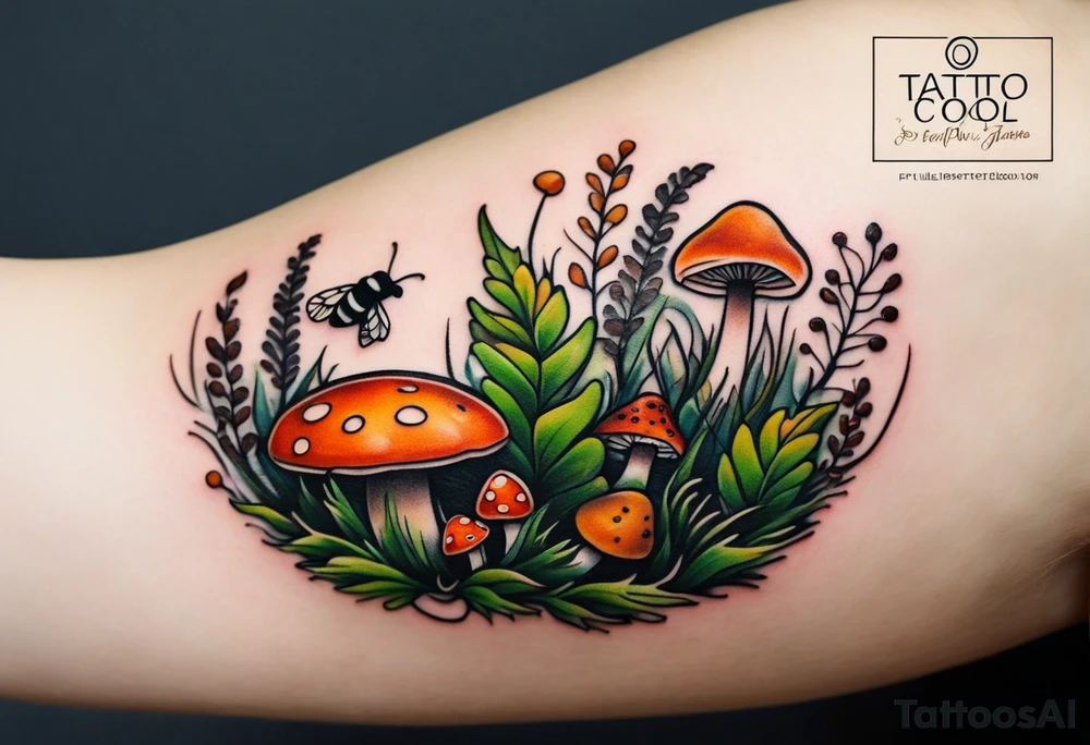 minimalistic forest floor inspired tattoo, which includes grass, moss, curly ferns and dead leaves as the bulk of the tattoo. details to include: forest berries, couple of very small brown mushrooms, a tiny bumblebee flying nearby tattoo idea
