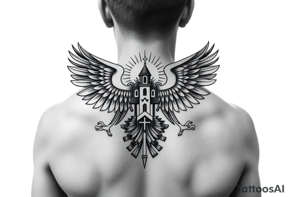 an actual russian coat of arms with the eagles wings spanning out on my back neck across my shoulders / traps with a orthodox christian church being visible in a mountainous sun beaming setting, with the russian orthodox cross spire of the orthodox church being visible on my neck with a sun beaming in the background that the cross sits inside tattoo idea