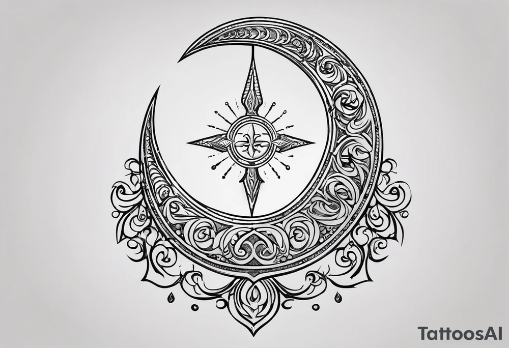 Trishul Overlay on Crescent Moon: A crescent moon with a small trident overlaid or intersecting through it. This design would have the trident positioned vertically through the moon or slightly off-center tattoo idea