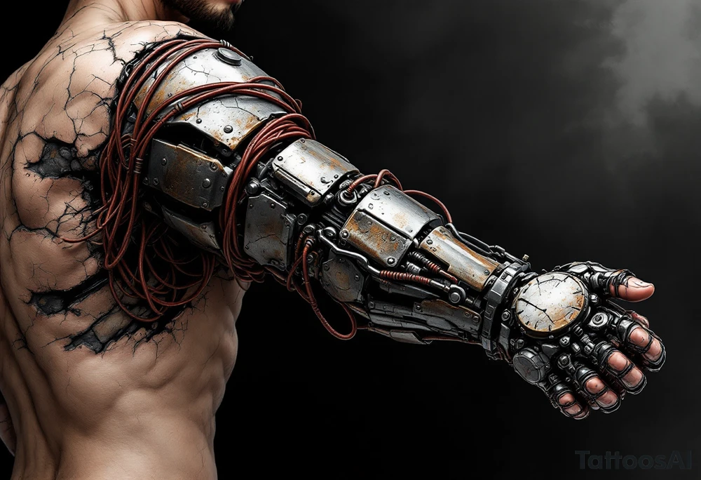 A biomech arm built from rusted iron plates and crimson wires, emerging from beneath cracked human skin. tattoo idea