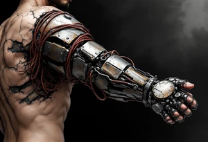 A biomech arm built from rusted iron plates and crimson wires, emerging from beneath cracked human skin. tattoo idea