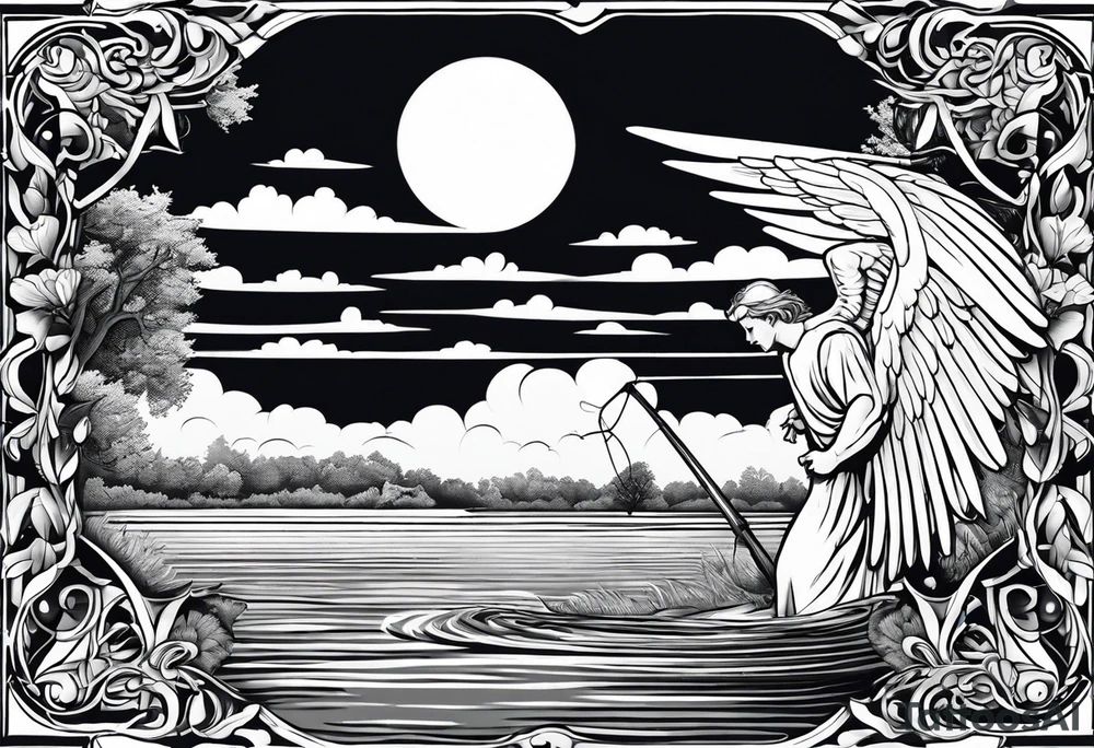 male angel with halo fishing in on a lake bank tattoo idea