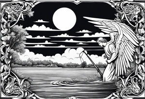 male angel with halo fishing in on a lake bank tattoo idea