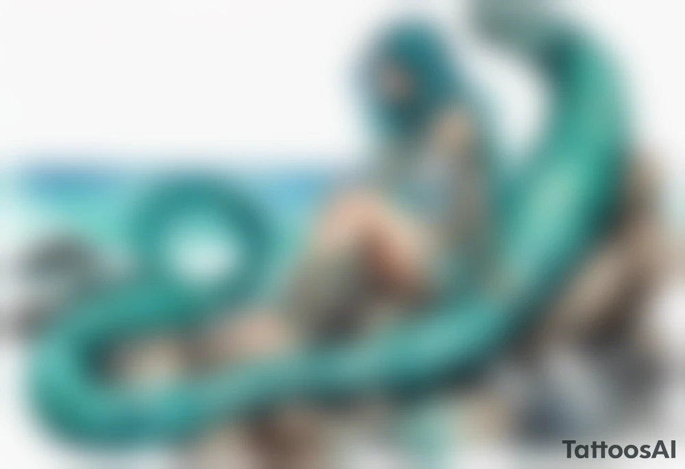 A sea serpent woman hybrid covered in turquois scales sitting on rocks by the ocean tattoo idea