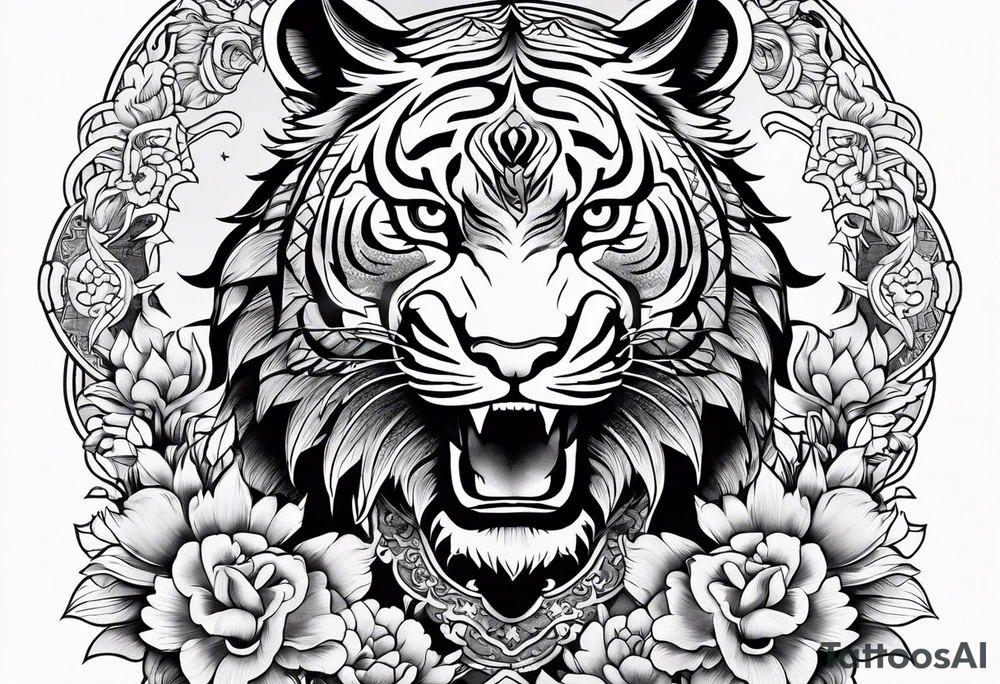 Japanese traditional style black and white Hamsa with tiger and crane fighting inside tattoo idea