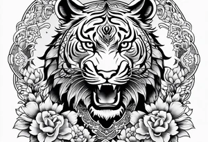 Japanese traditional style black and white Hamsa with tiger and crane  fighting inside tattoo idea