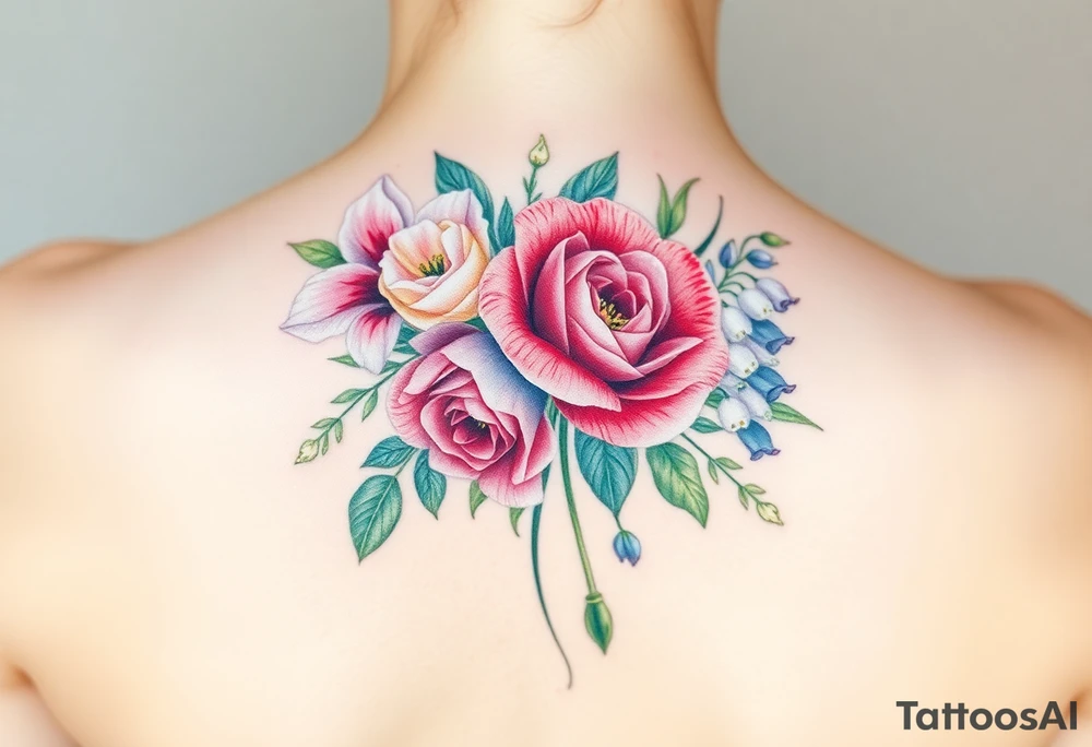 Bouquet of flowers with a carnation, rose, Lily of the valley, delphinium with stems going down Spain tattoo idea