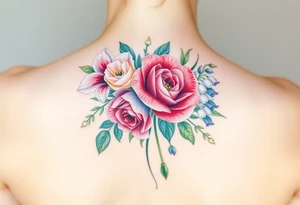 Bouquet of flowers with a carnation, rose, Lily of the valley, delphinium with stems going down Spain tattoo idea