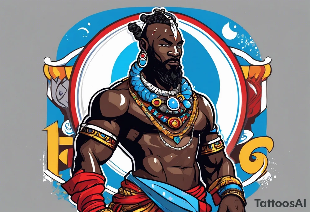 Black-skinned african god of war with a small silver crown, no armor, and two ball necklaces: one blue, other red tattoo idea