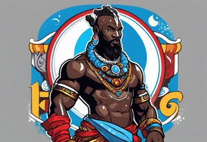 Black-skinned african god of war with a small silver crown, no armor, and two ball necklaces: one blue, other red tattoo idea