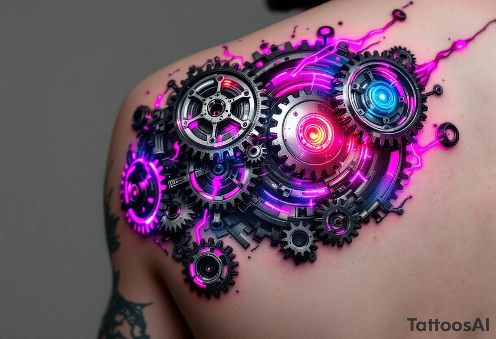 A biomechanical arm tattoo where gears spin under translucent synthetic skin lit with neon pink and cobalt blue veins. tattoo idea