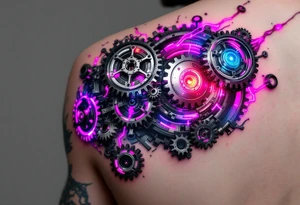 A biomechanical arm tattoo where gears spin under translucent synthetic skin lit with neon pink and cobalt blue veins. tattoo idea