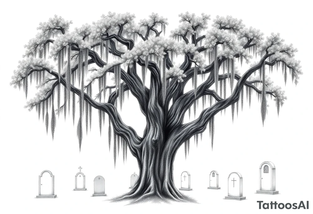 Laurel oak covered in Spanish moss in a cemetery tattoo idea
