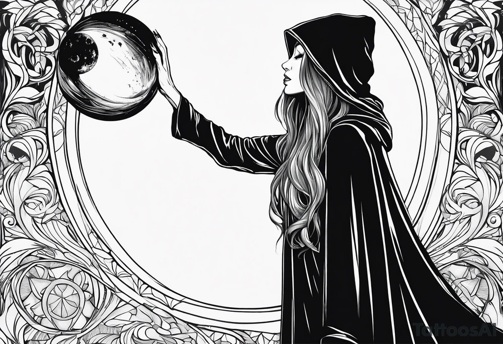 Woman in profile with long hair in hooded cloak with her left hand raised above her head reaching for an orb tattoo idea