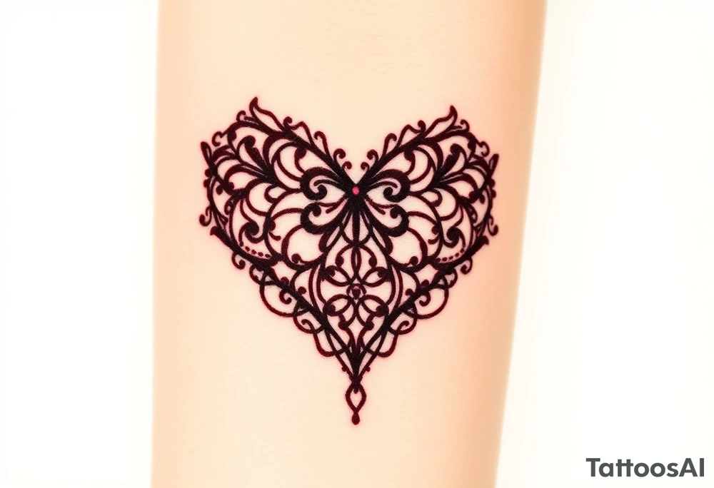 A deep burgundy lace heart, softly fading into a watercolor effect, symbolizing love and passion tattoo idea