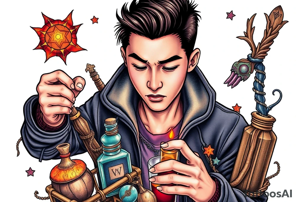Handsome Asian young adult guy is  accidentally stumbled upon witch tools, supplies, artifacts, potions and exploring it curiously tattoo idea