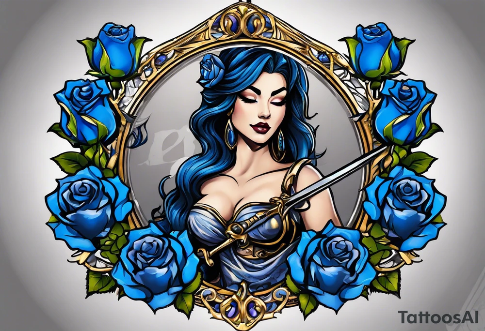 Justicia Goddess Tattoo  frame blue roses, With scales and a sword, blindfolded. tattoo idea