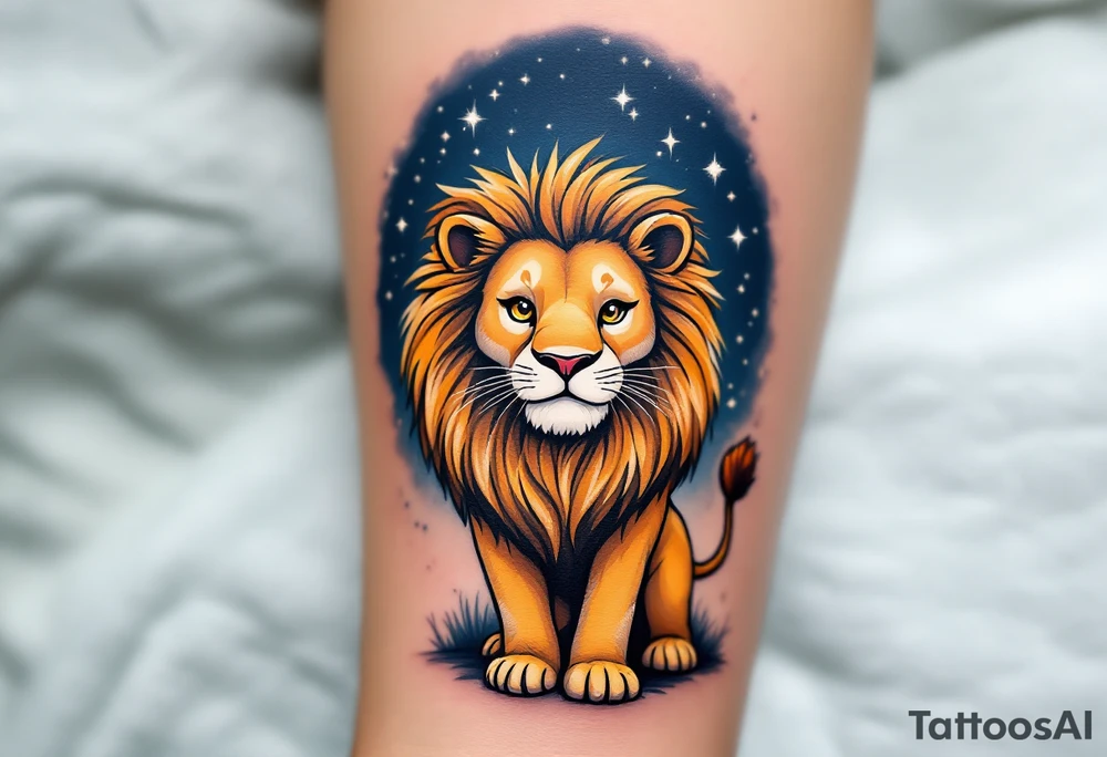 A proud lion stands under a night sky shaded in navy, with the Leo star constellation highlighted in silver stardust above. tattoo idea