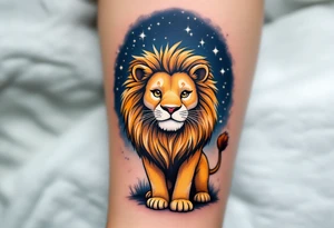 A proud lion stands under a night sky shaded in navy, with the Leo star constellation highlighted in silver stardust above. tattoo idea