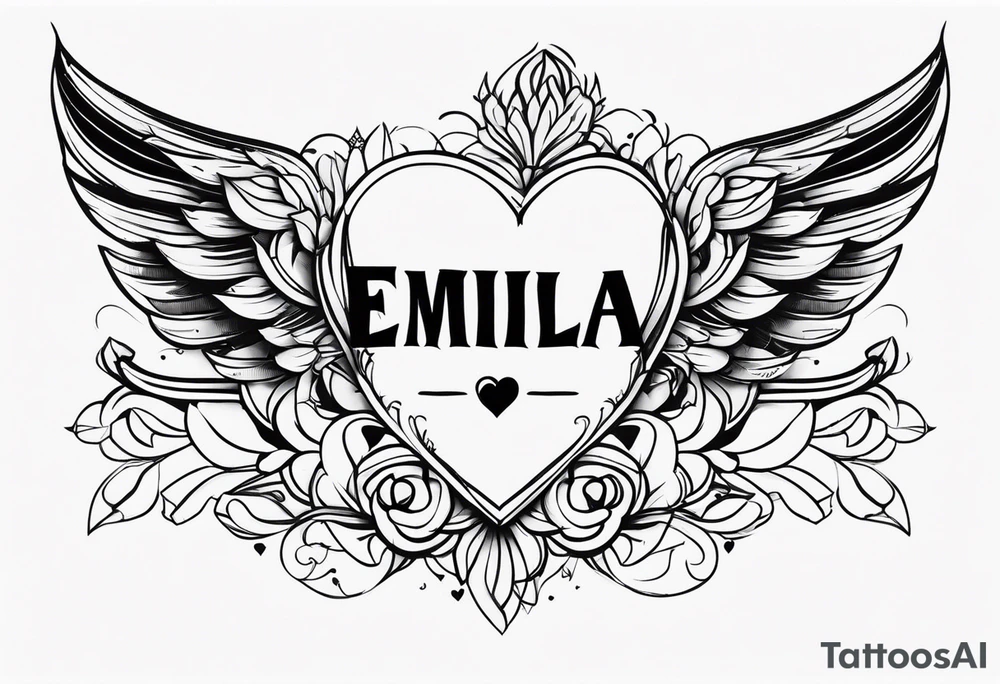 Emilia name with heart or wings tattoo idea