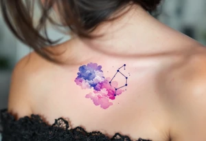 A soft pastel rendering of the Capricorn constellation on the collarbone, with pink and lavender clouds behind it. tattoo idea