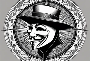 Centered v for vendetta, mask only. No hat.   Vintage compass surround. Crossed fencing swords tattoo idea